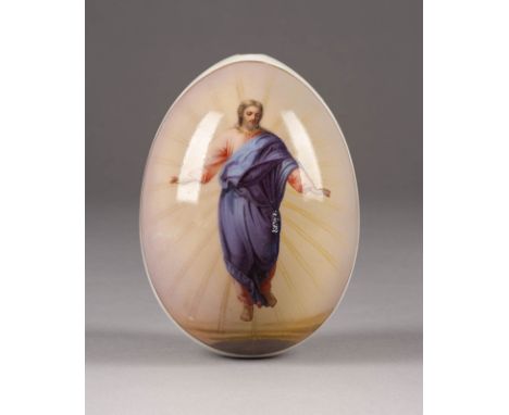 A LARGE DATED PORCELAIN EASTER EGG Russian, dated 1869 The ovoid body frontally painted with Christ the Saviour. On the rever