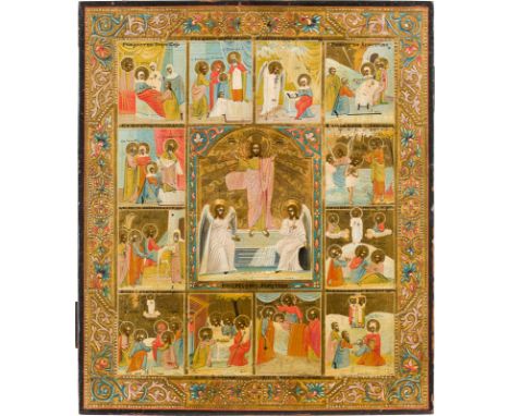 A LARGE ICON SHOWING THE RESURRECTION OF CHRIST WITHIN A SURROUND OF TWELVE FEASTS KIRCHENJAHRES Russian, circa 1900 Russland