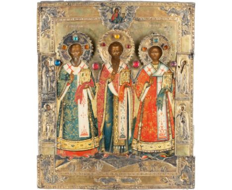 A FINE ICON SHOWING THE THREE HIERARCHS OF ORTHODOXY WITH RIZA CHRYSOSTOMUS MIT RIZA Russian, early 18th century (icon), Russ
