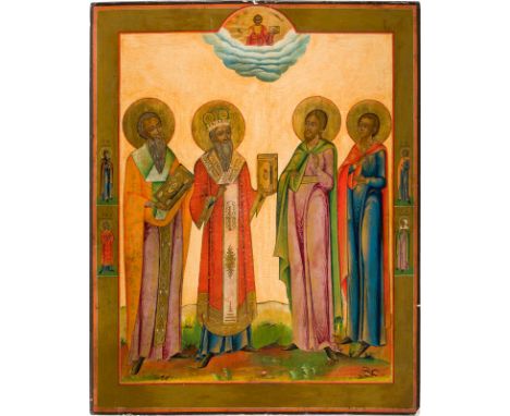 A LARGE ICON SHOWING FOUR PATRON SAINTS OF ANIMALS: BLAISE, MODEST, FLORUS AND LAURUS Russian, 19th century Tempera on wood p