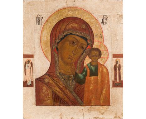A VERY LARGE ICON SHOWING THE KAZANSKAYA MOTHER OF GOD Russian, 19th century Tempera on wood panel with kovcheg. The haloes m