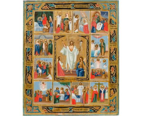 A SMALL ICON SHOWING THE RESURRECTION OF CHRIST WITHIN A SURROUND OF TWELVE MAJOR FEASTS KIRCHENJAHRES Russian, circa 1900 Ru