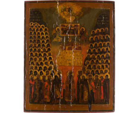 A LARGE ICON SHOWING THE SYNAXIS OF THE SAINTS OF THE KIEV CAVES Russian, 19th century Tempera on wood panel. The haloes made