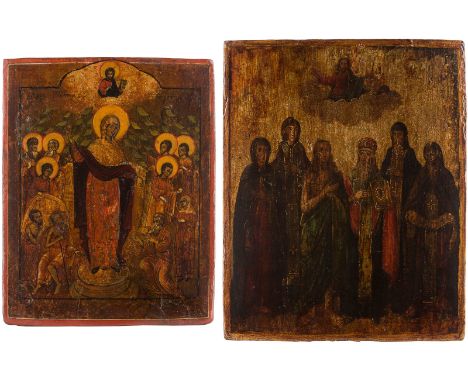TWO ICONS SHOWING THE MOTHER OF GOD 'JOY TO ALL WHO GRIEVE' AND AN ICON SHOWING SELECTED SAINTS Russland, 19. Jh. Russian, 19