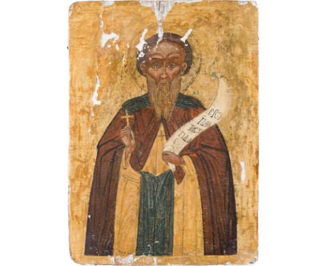 A LARGE ICON SHOWING A MONK Greek, 17th century Tempera on wood panel. Traces of gilding. Losses, restorations. 43.5 x 31.5 c