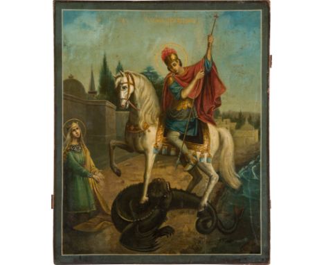 A MONUMENTAL ICON SHOWING ST. GEORGE KILLING THE DRAGON Russian, mid 19th century Oil on wood panel. Partially restored. 71 x
