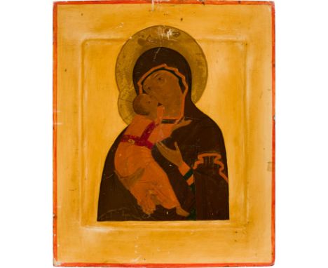 AN ICON SHOWING THE VLADIMIRSKAYA MOTHER OF GOD Russian, late 19th century Tempera on wood panel with kovcheg. The haloes mad