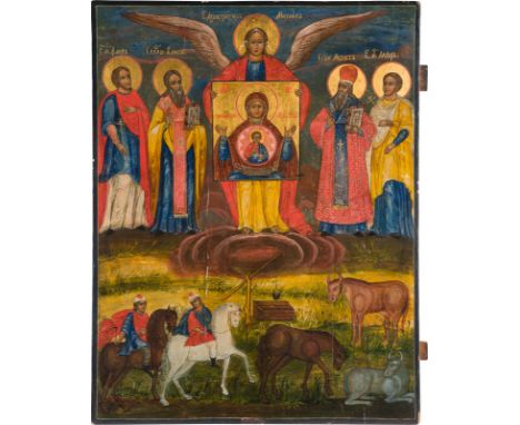 A MONUMENTAL ICON SHOWING STS. FLORUS, LAURUS, BLAISE AND MODEST Russian, 18th century Tempera on wood panel. The haloes gild