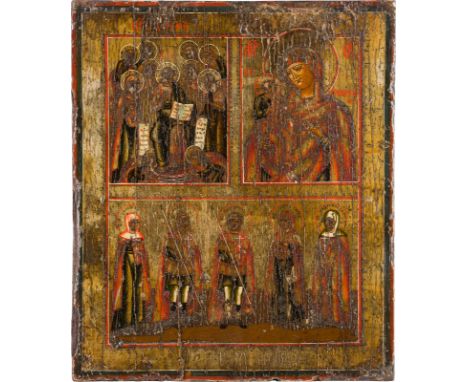 A THREE-PARTITE ICON SHOWING THE DEISIS, THE THREE-HANDED MOTHER OF GOD AND FIVE SELECTED SAINTS Russland, 19. Jh. Russian, 1