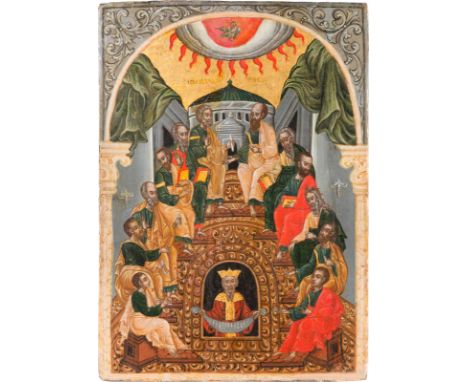 A LARGE ICON SHOWING THE PENTECOST Greek, 17th century Tempera on wood panel. Painted in bright colours against an architectu