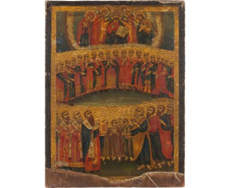 AN ICON 'ALL SAINTS' Greek, 19th century Oil on wood panel. The haloes made of gold. Losses to the lower border. 37.8 x 28.2 