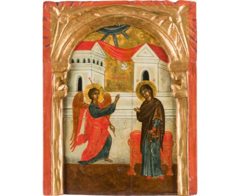 A LARGE ICON SHOWING THE ANNUNCIATION OF CHRIST FROM A CHURCH ICONOSTASIS Greek, circa 1600 Tempera on wood panel, executed o