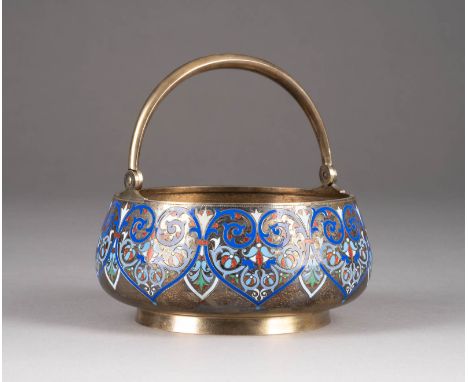 A RUSSIAN SILVER-GILT AND CHAMPLEVÉ ENAMEL SWING-HANDLED SUGAR BOWL Russian, St. Petersburg, Gratchev, late 19th century Of c