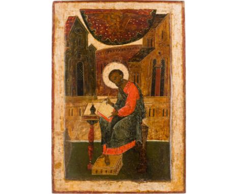 A LARGE ICON SHOWING ST. JOHN THE EVANGELIST Russian, 17th century Tempera on wood panel with kovcheg. The halo and the borde