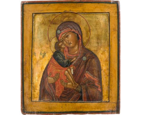 AN ICON SHOWING THE DONSKAYA MOTHER OF GOD Russian, 18th century Tempera on wood panel with double kovcheg. Executed on a gol