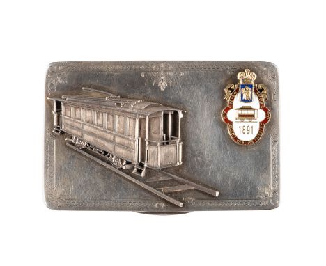 A FINE SILVER CIGARETTE CASE SHOWING THE KIEV TRAM Russian, Kiev, Mashak, 1896-1908 Of rectangular form. Gilt interior. The h