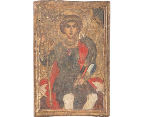 AN ICON SHOWING A WARRIOR SAINT (ST. GEORGE OR DEMETRIOS) Greek, 16th century Tempera on wood panel. Executed on a gold groun