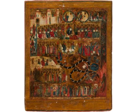 A MONUMENTAL ICON SHOWING THE LAST JUDGEMENT Russian, 19th century Tempera on wood panel. Executed on a gold ground. The back