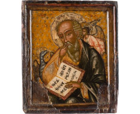 AN ICON SHOWING ST. JOHN THEOLOGIAN IN SILENCE Russian, early 18th century Tempera on wood panel with double kovcheg. The hal