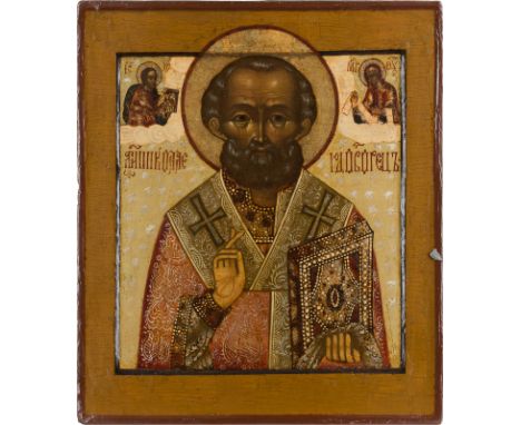 AN ICON SHOWING ST. NICHOLAS OF MYRA Russian, circa 1700 Tempera on wood panel with double kovcheg. Minimally restored. 30 x 