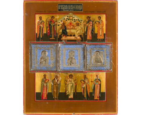 A LARGE STAUROTHEK ICON SHOWING THE DEESIS, THE NEW TESTAMENT TRINITY AND SELECTED SAINTS AUSGEWÄHLTEN HEILIGEN Russian, late