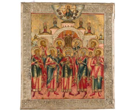 AN ICON SHOWING THE NINE MARTYRS OF KYZIKOS WITH BASMA Russian, late 18th century (icon), Russian, late 18th century (basma) 