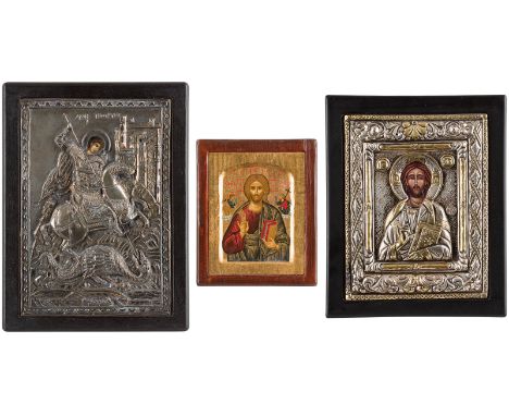 THREE ICONS SHOWING CHRIST PANTORATOR AND ST. GEORGE KILLING THE DRAGON Modern Oil on wood panel / printed in paper laid down