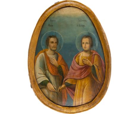 A LARGE ICON SHOWING STS. FLORUS AND LAURUS FROM A CHURCH ICONOSTASIS Russian, 2nd half 19th century Oil on canvas on wood pa