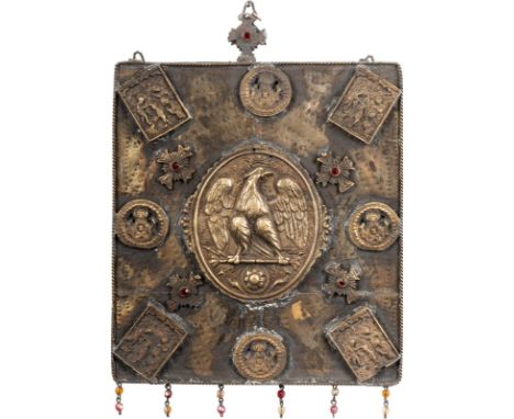 A METAL-MOUNTED ICON SHOWING THE MOTHER OF GOD Greek, 18th century Tempera on wood panel. The metal mount set with stones. Th