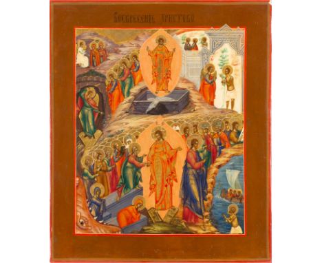 AN ICON SHOWING THE RESURRECTION OF CHRIST AND THE HARROWING OF HELL Russian, Palekh, 19th century Tempera on wood panel. The