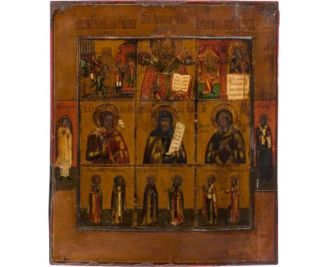 A MULTI-PARTITE ICON SHOWING SAINTS AND IMAGES OF THE MOTHER OF GOD Russian, 19th century Tempera on wood panel with kovcheg.