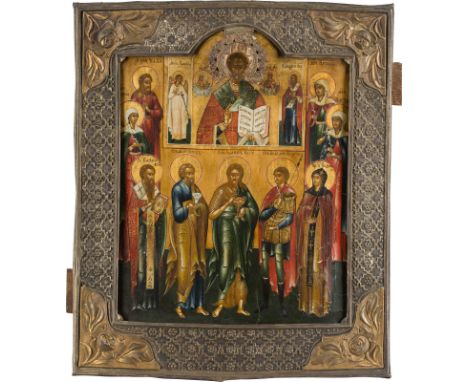 A FINELY PAINTED ICON SHOWING TEN SELECTED SAINTS WITH BASMA Central Russian, early 19th century Tempera on wood panel with k