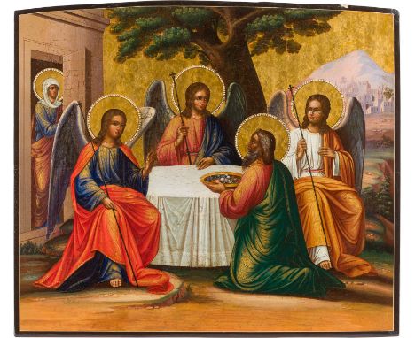 A MONUMENTAL ICON SHOWING THE OLD TESTAMENT TRINITY Russian, circa 1875 Tempera on wood panel. The haloes and the background 