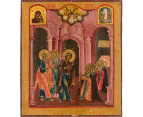 A LARGE ICON SHOWING THE APPEARANCE OF THE MOTHER OF GOD TO ST. SERGEY OF RADONEZH, THE KAZANSKAYA MOTHER OF GOD AND THE ANGE