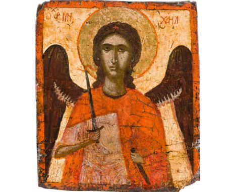 A SMALL ICON SHOWING THE ARCHANGEL MICHAEL Greek, circa 1500 Tempera on wood panel. The halo made of gold. The background str