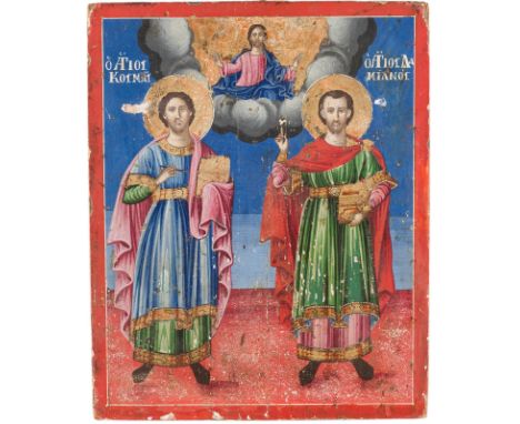 AN ICON SHOWING STS. COSMAS AND DAMIAN Greek, 19th century Oil on wood panel. The haloes made of gold. Minor vertical crack, 