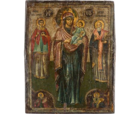 AN ICON SHOWING THE MOTHER OF GOD FLANKED BY STS. PANTELEIMON UND ATHANASIOS Greek, 18th century Oil on wood panel. The backg