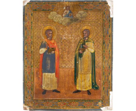 A SMALL ICON SHOWING STS. COSMAS AND DAMIAN Russian, late 19th century Tempera on wood panel. The background with etched trac