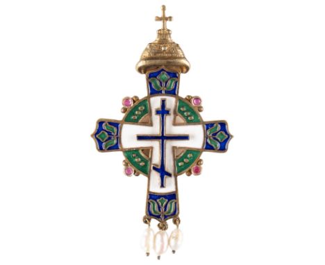 A SILVER-GILT AND CLOISONNÉ ENAMEL CROSS PENDANT modern Set with rubies and freshwater pearls. Bearing spurious Russian hallm