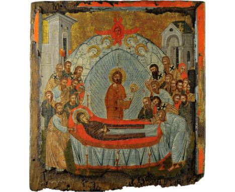 A LARGE ICON SHOWING THE DORMITION OF THE MOTHER OF GOD Balkan, Macedonian, early 16th century Tempera on wood panel with kov