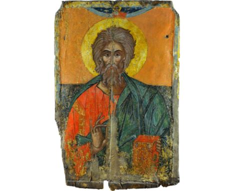 A MONUMENTAL ICON SHOWING ST. ANDREW Greek, 15th century Tempera on wood panel with kovcheg. Losses, restored. 94 x 60 cm. Kr