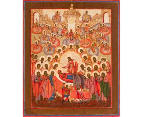 A LARGE ICON SHOWING THE DORMITION OF THE MOTHER OF GOD Russian, 19th century Tempera on wood panel. The haloes stripped to g