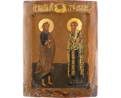 A MINIATURE ICON SHOWING ST. JOHN THE FORERUNNER AND ST. ANTIPAS Russian, 19th century Tempera on wood panel with kovcheg. Th
