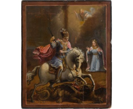 AN ICON SHOWING ST. GEORGE KILLING THE DRAGON Russian, mid 19th century Oil on wood panel. Vertical cracks minimally restored