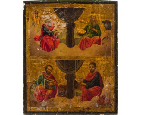 A DATED ICON SHOWING THE FOUR EVANGELISTS Greek, dated 1884 Oil on wood panel. Executed on a gold ground. Greek inscribed and