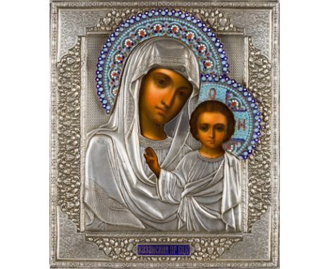 AN ICON SHOWING THE KAZANSKAYA MOTHER OF GOD WITH A SILVER AND CLOISONNÉ ENAMEL OKLAD Russian, late 19th century (icon), Russ