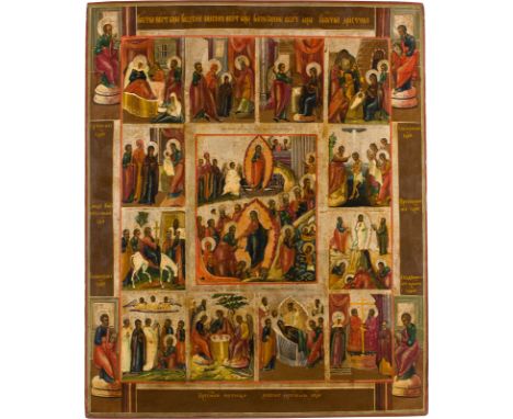 AN ICON WITH THE RESURRECTION AND DESCENT WITH TWELVE MAJOR FEASTS AND THE FOUR EVANGELISTS Russian, 19th century Tempera on 