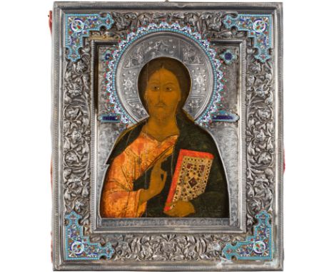 AN ICON OF CHRIST PANTOKRATOR WITH A SILVER AND CHAMPLEVÉ AND CLOISONNÉ ENAMEL RIZA Russian, 17th century (icon), Russian, Mo