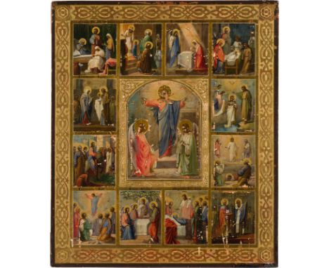 AN ICON SHOWING THE RESURRECTION OF CHRIST WITHIN A SURROUND OF TWELVE MAJOR FEASTS OF THE LITURGICAL YEAR Russland, um 1900 