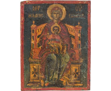 A SMALL ICON SHOWING THE ENTHRONED MOTHER OF GOD WITH THE CHRIST CHILD Greek, 17th century Tempera on a thin wood panel. Exec